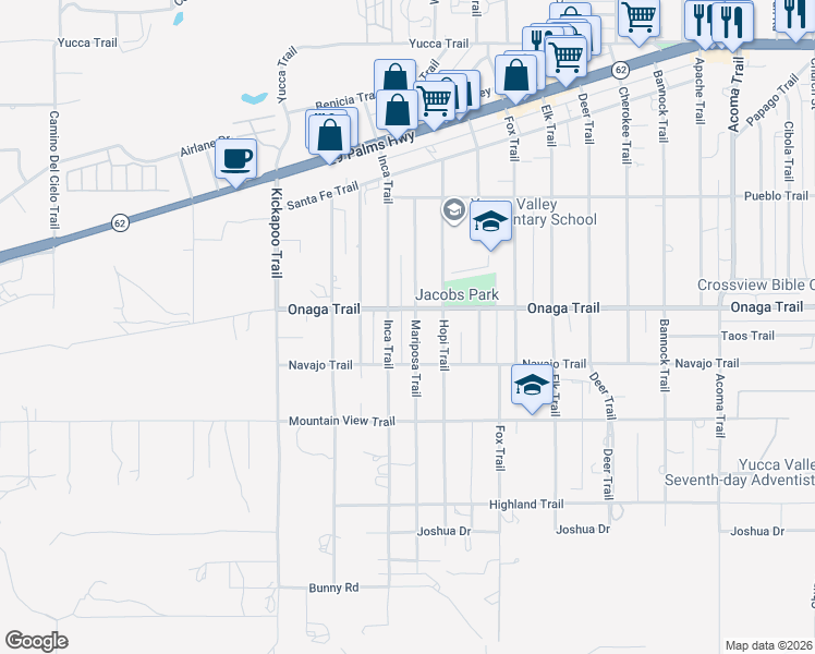 map of restaurants, bars, coffee shops, grocery stores, and more near 7738 Mariposa Trail in Yucca Valley