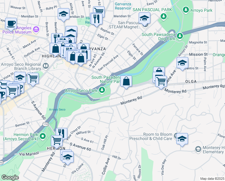 map of restaurants, bars, coffee shops, grocery stores, and more near 116 Marmion Way in South Pasadena