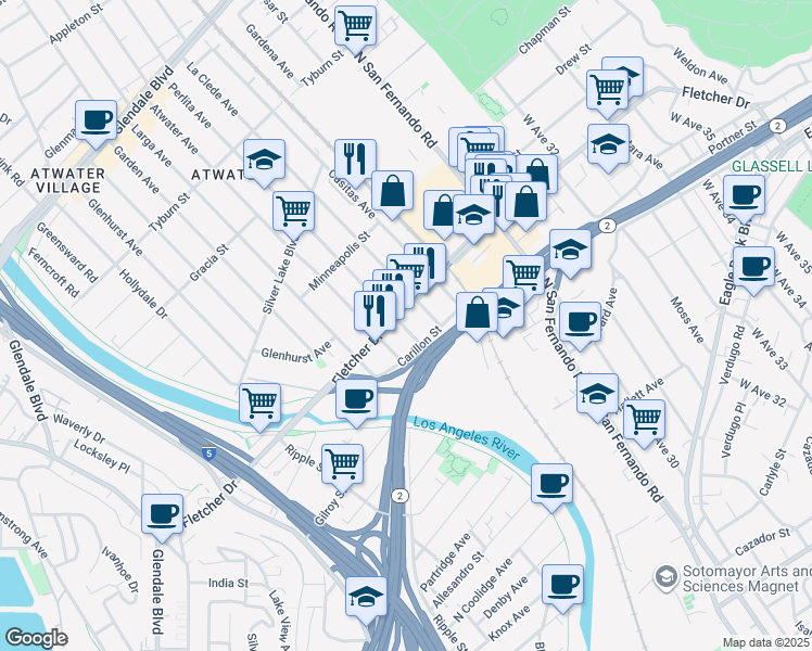 map of restaurants, bars, coffee shops, grocery stores, and more near 3049 Perlita Avenue in Los Angeles