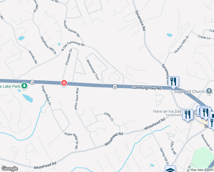 map of restaurants, bars, coffee shops, grocery stores, and more near 1216 Cumming Highway Northeast in Sugar Hill