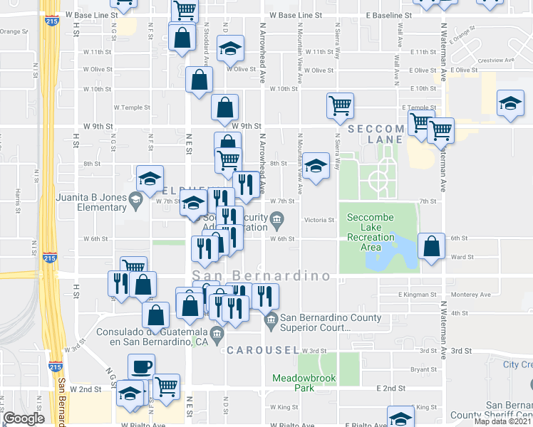 map of restaurants, bars, coffee shops, grocery stores, and more near 665 North Arrowhead Avenue in San Bernardino