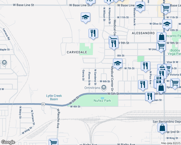 map of restaurants, bars, coffee shops, grocery stores, and more near 677 Flores Street North in San Bernardino