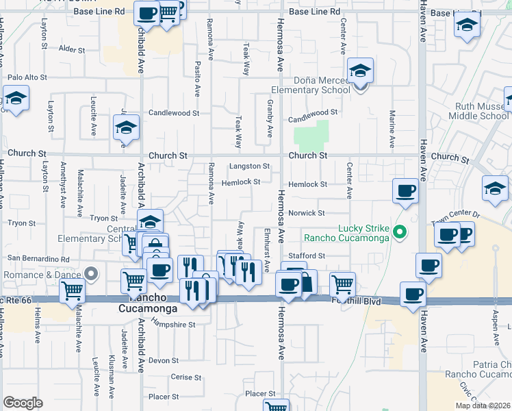 map of restaurants, bars, coffee shops, grocery stores, and more near 7841 Dartmouth Avenue in Rancho Cucamonga