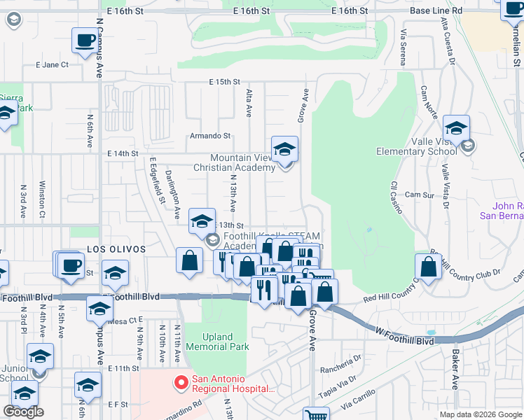 map of restaurants, bars, coffee shops, grocery stores, and more near 1323 North Monte Verde Avenue in Upland