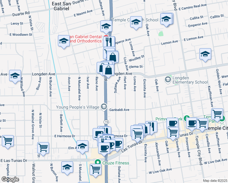 map of restaurants, bars, coffee shops, grocery stores, and more near 6207 Sultana Avenue in Temple City