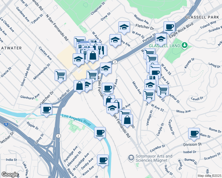 map of restaurants, bars, coffee shops, grocery stores, and more near 2807 West Avenue 30 in Los Angeles