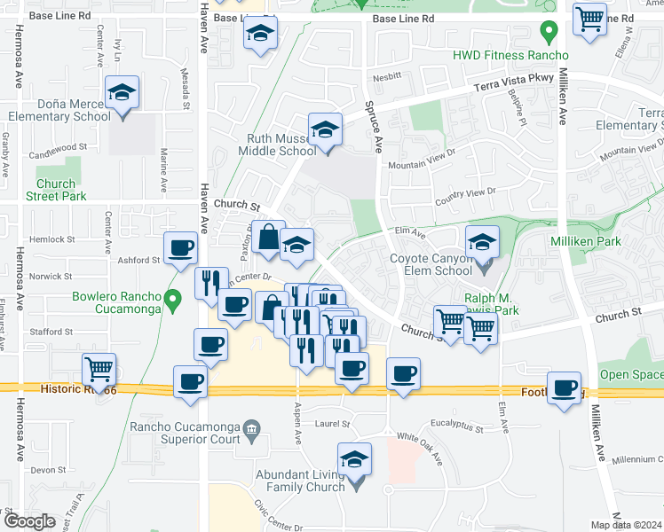 map of restaurants, bars, coffee shops, grocery stores, and more near 10822 Church Street in Rancho Cucamonga