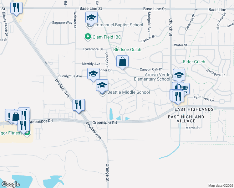 map of restaurants, bars, coffee shops, grocery stores, and more near 28561 Foxboro Lane in Highland