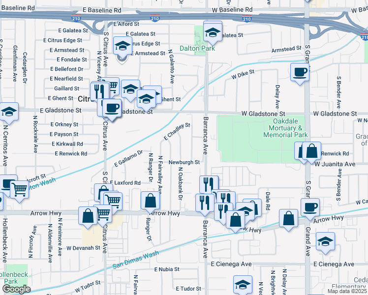 map of restaurants, bars, coffee shops, grocery stores, and more near 5434 North Oakbank Drive in Covina