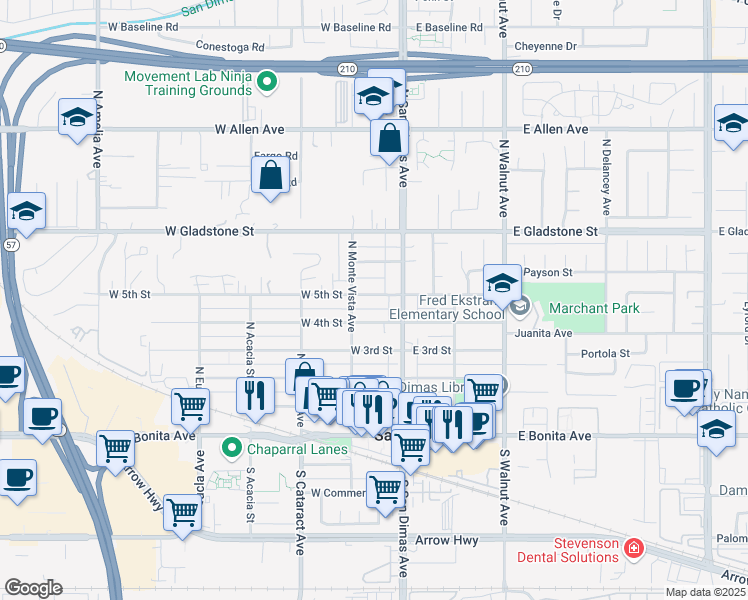 map of restaurants, bars, coffee shops, grocery stores, and more near 126 West 5th Street in San Dimas