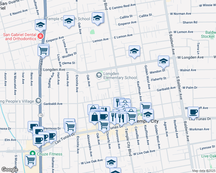 map of restaurants, bars, coffee shops, grocery stores, and more near 9549 Flaherty Street in Temple City