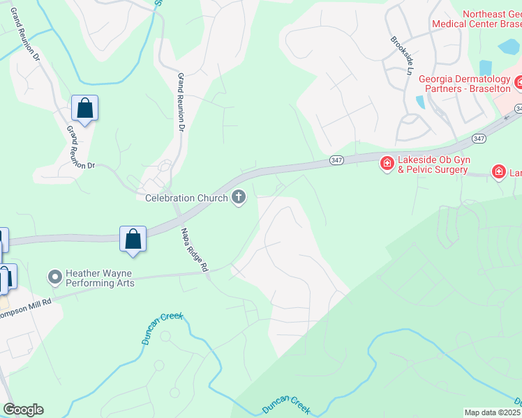 map of restaurants, bars, coffee shops, grocery stores, and more near 5596 Thompson Mill Road in Hoschton