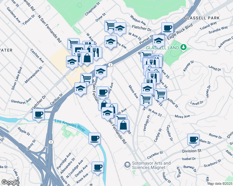 map of restaurants, bars, coffee shops, grocery stores, and more near 2729 West Avenue 31 in Los Angeles