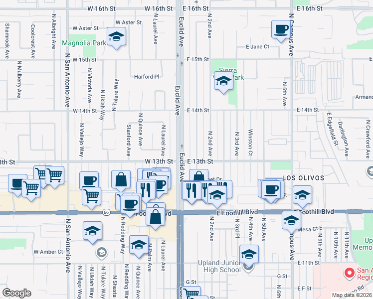 map of restaurants, bars, coffee shops, grocery stores, and more near 1320 North Euclid Avenue in Upland