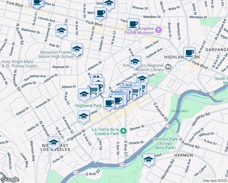 map of restaurants, bars, coffee shops, grocery stores, and more near 227 North Avenue 57 in Los Angeles