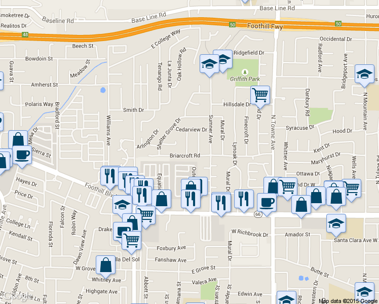 map of restaurants, bars, coffee shops, grocery stores, and more near 1359 Briarcroft Road in Claremont