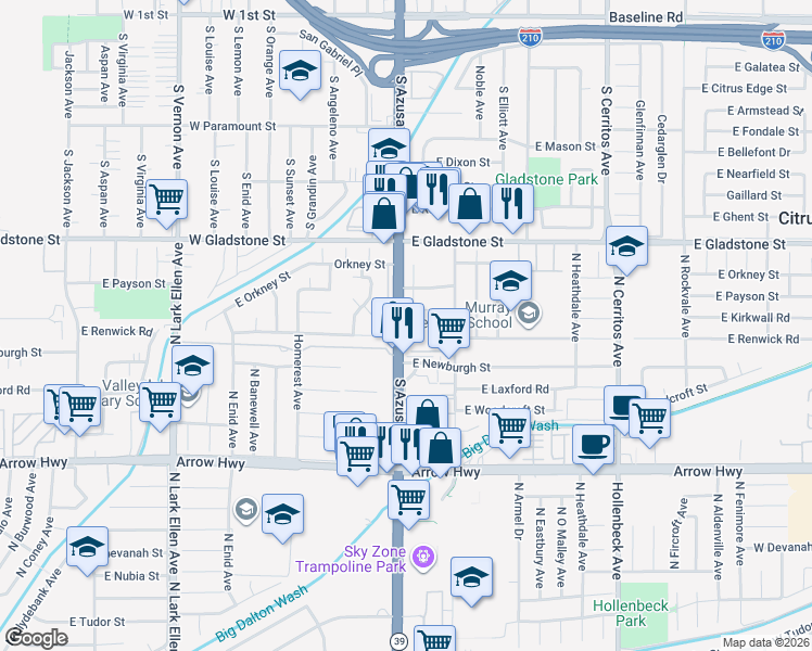 map of restaurants, bars, coffee shops, grocery stores, and more near 648 South Azusa Avenue in Azusa