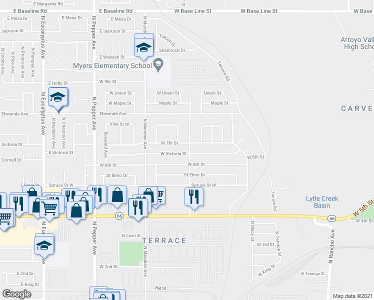 map of restaurants, bars, coffee shops, grocery stores, and more near 654 North Dallas Avenue in San Bernardino