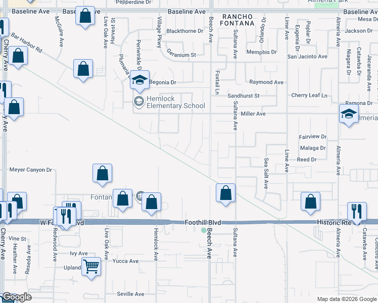 map of restaurants, bars, coffee shops, grocery stores, and more near 7829 Poppy Lane in Fontana