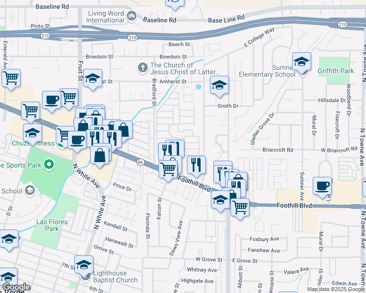 map of restaurants, bars, coffee shops, grocery stores, and more near 3800 Bradford Street in La Verne