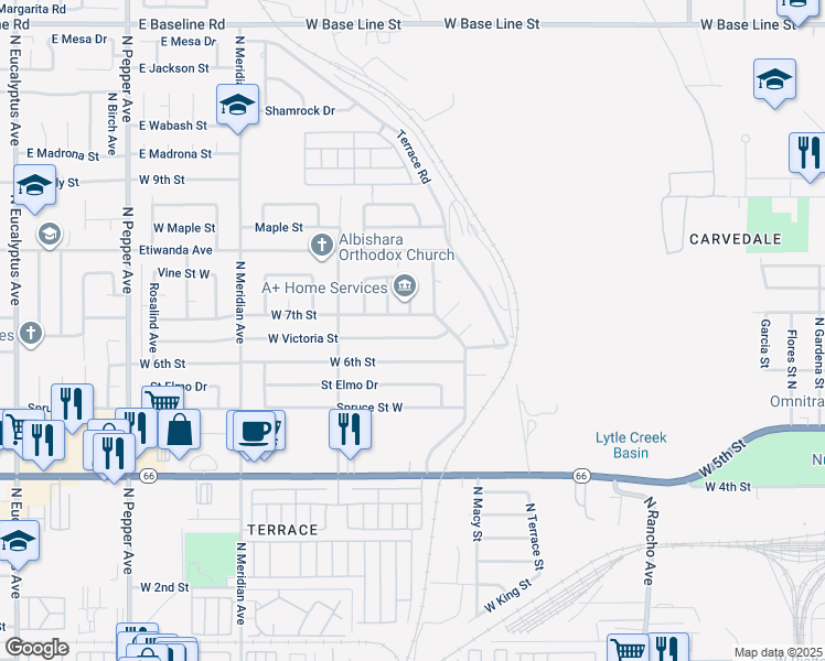 map of restaurants, bars, coffee shops, grocery stores, and more near 2398 West Victoria Street in San Bernardino