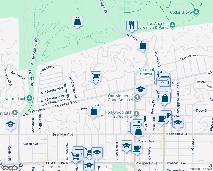 map of restaurants, bars, coffee shops, grocery stores, and more near 2235 North Catalina Street in Los Angeles