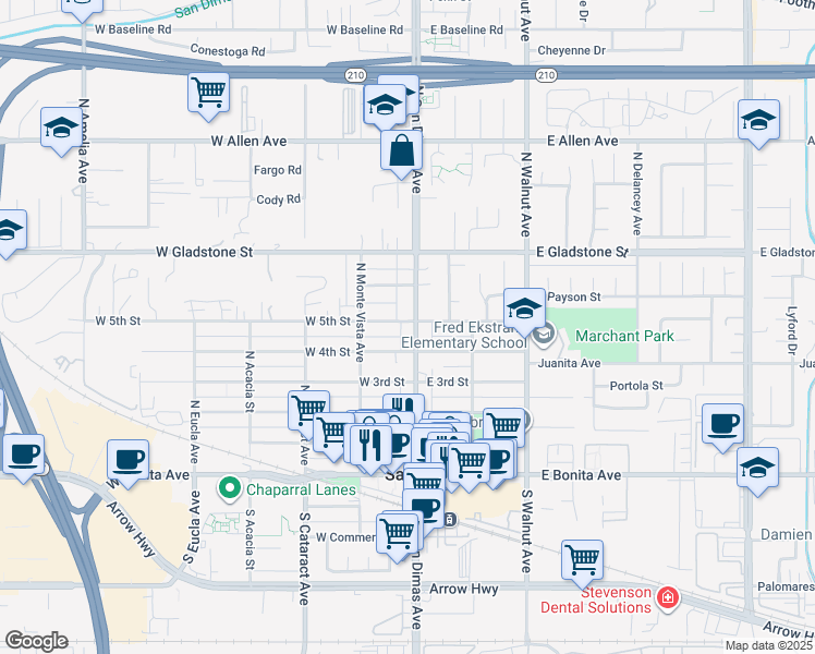 map of restaurants, bars, coffee shops, grocery stores, and more near 421 North San Dimas Avenue in San Dimas