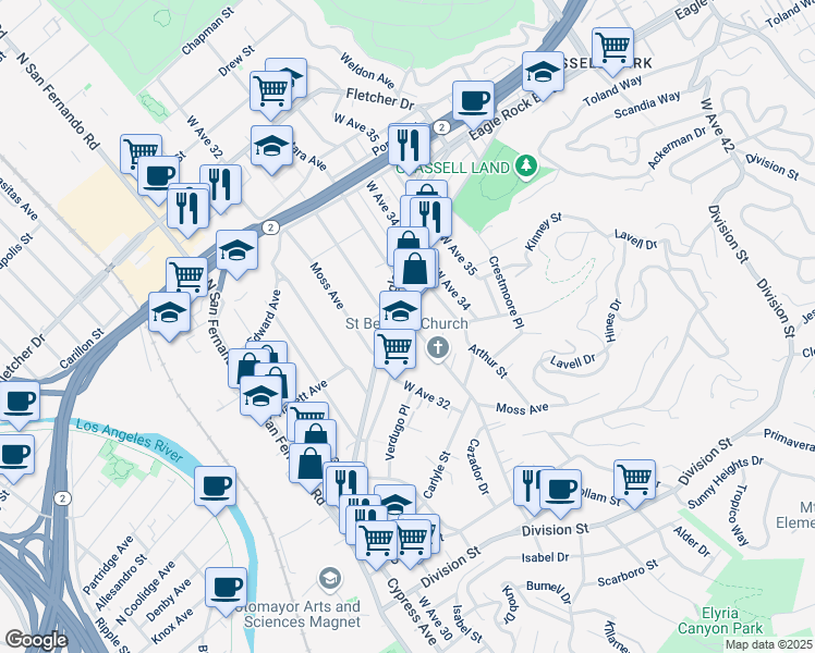 map of restaurants, bars, coffee shops, grocery stores, and more near 3258 Verdugo Road in Los Angeles