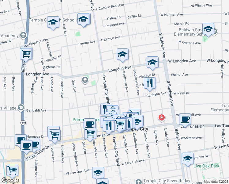 map of restaurants, bars, coffee shops, grocery stores, and more near 6137 Camellia Avenue in Temple City