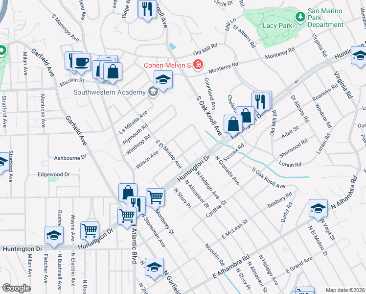 map of restaurants, bars, coffee shops, grocery stores, and more near 2156 El Molino Place in San Marino