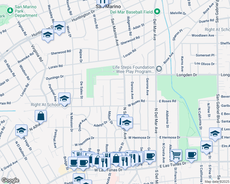 map of restaurants, bars, coffee shops, grocery stores, and more near 407 San Marino Oaks in San Gabriel