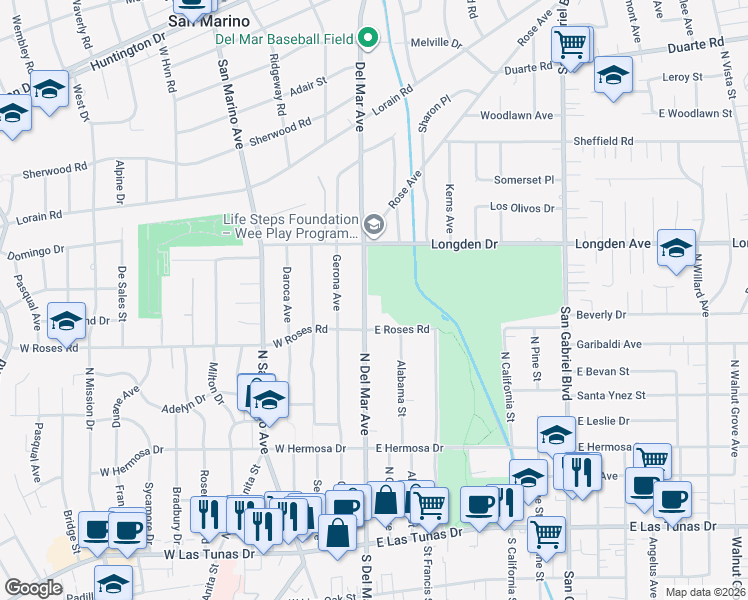 map of restaurants, bars, coffee shops, grocery stores, and more near 520 North Del Mar Avenue in San Gabriel