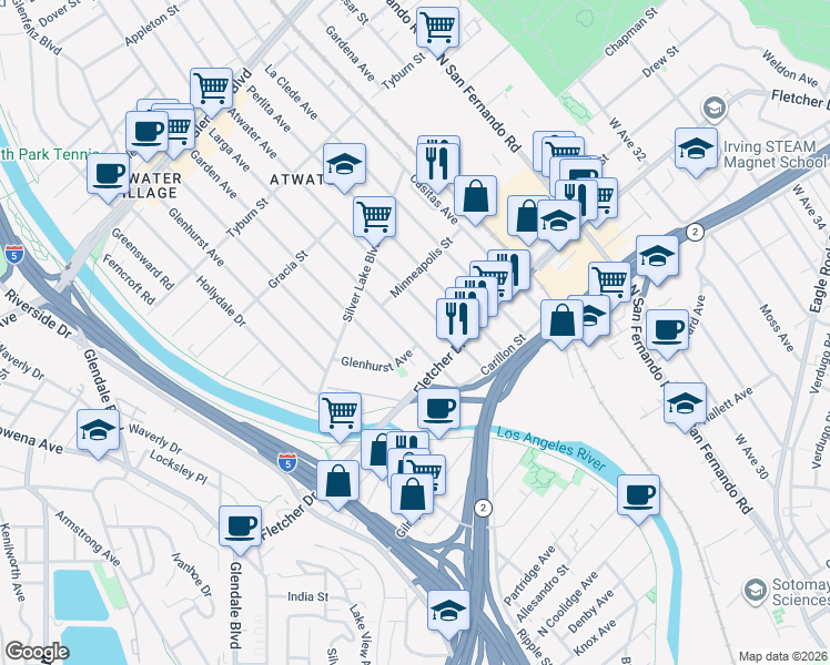 map of restaurants, bars, coffee shops, grocery stores, and more near 3143 Larga Avenue in Los Angeles