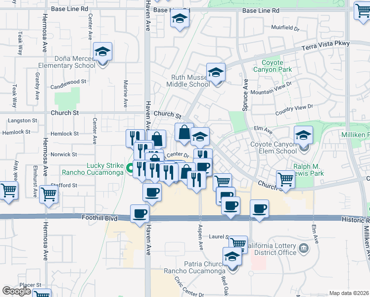 map of restaurants, bars, coffee shops, grocery stores, and more near 10630 Town Center Drive in Rancho Cucamonga