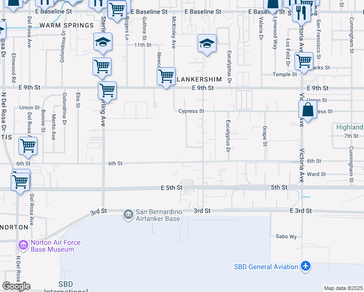map of restaurants, bars, coffee shops, grocery stores, and more near 7842 McKinley Avenue in San Bernardino