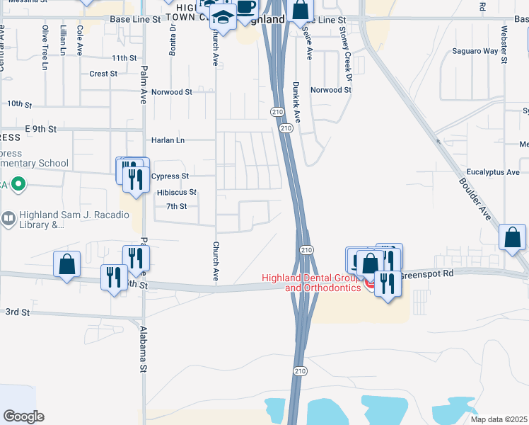 map of restaurants, bars, coffee shops, grocery stores, and more near 7829 Nye Drive in Highland