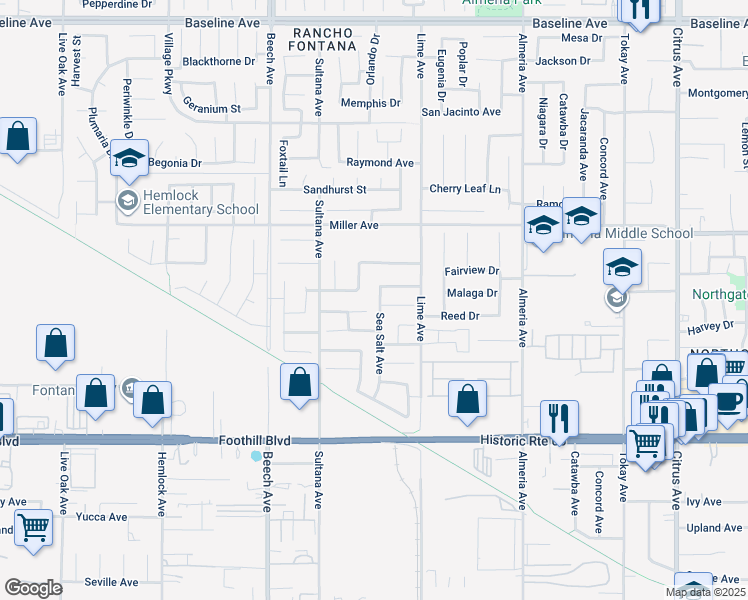 map of restaurants, bars, coffee shops, grocery stores, and more near 7838 Sea Salt Avenue in Fontana