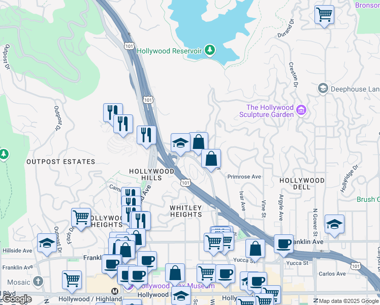 map of restaurants, bars, coffee shops, grocery stores, and more near 2260 North Cahuenga Boulevard in Los Angeles