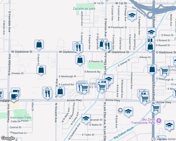map of restaurants, bars, coffee shops, grocery stores, and more near 16719 East Renwick Road in Azusa