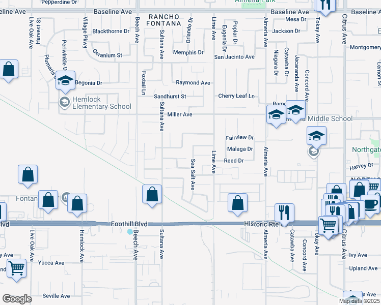 map of restaurants, bars, coffee shops, grocery stores, and more near 7838 Sea Salt Avenue in Fontana