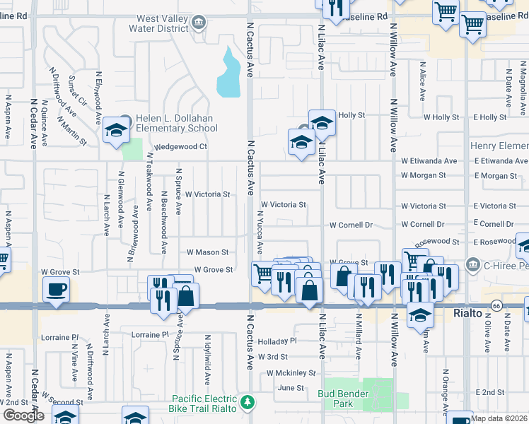 map of restaurants, bars, coffee shops, grocery stores, and more near 661 North Yucca Avenue in Rialto