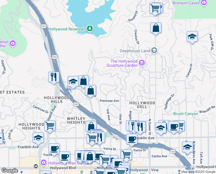 map of restaurants, bars, coffee shops, grocery stores, and more near 6402 Ivarene Avenue in Los Angeles