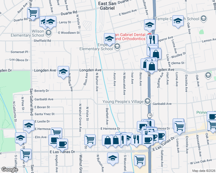 map of restaurants, bars, coffee shops, grocery stores, and more near 6203 Avon Avenue in San Gabriel