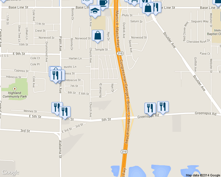 map of restaurants, bars, coffee shops, grocery stores, and more near 7829 Nye Drive in Highland