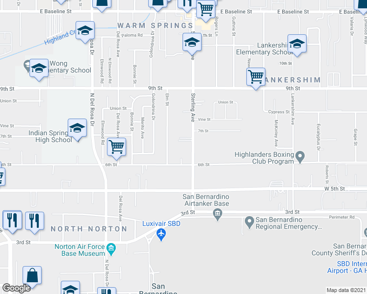 map of restaurants, bars, coffee shops, grocery stores, and more near 7834 Sterling Avenue in San Bernardino