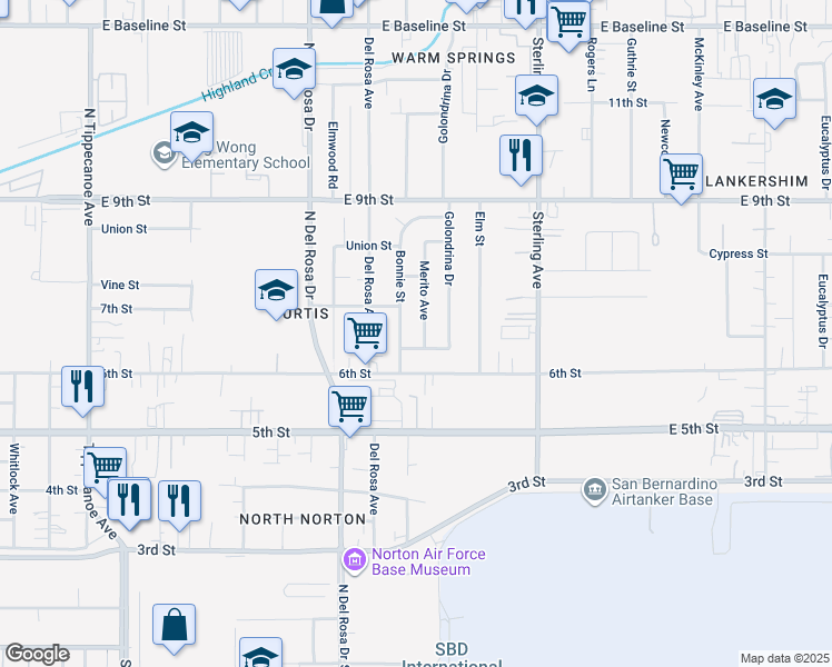 map of restaurants, bars, coffee shops, grocery stores, and more near 7831 Bonnie Street in San Bernardino