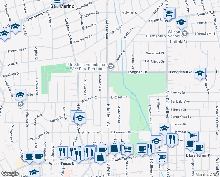 map of restaurants, bars, coffee shops, grocery stores, and more near 520 North Del Mar Avenue in San Gabriel