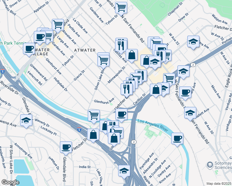 map of restaurants, bars, coffee shops, grocery stores, and more near 3147 Larga Avenue in Los Angeles
