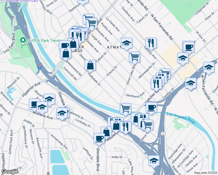 map of restaurants, bars, coffee shops, grocery stores, and more near 3155 Glenhurst Avenue in Los Angeles