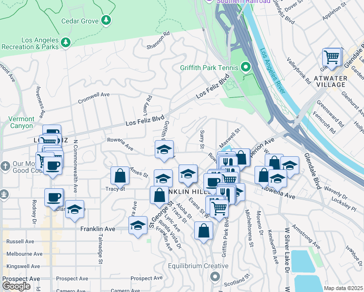 map of restaurants, bars, coffee shops, grocery stores, and more near 3261 Rowena Avenue in Los Angeles